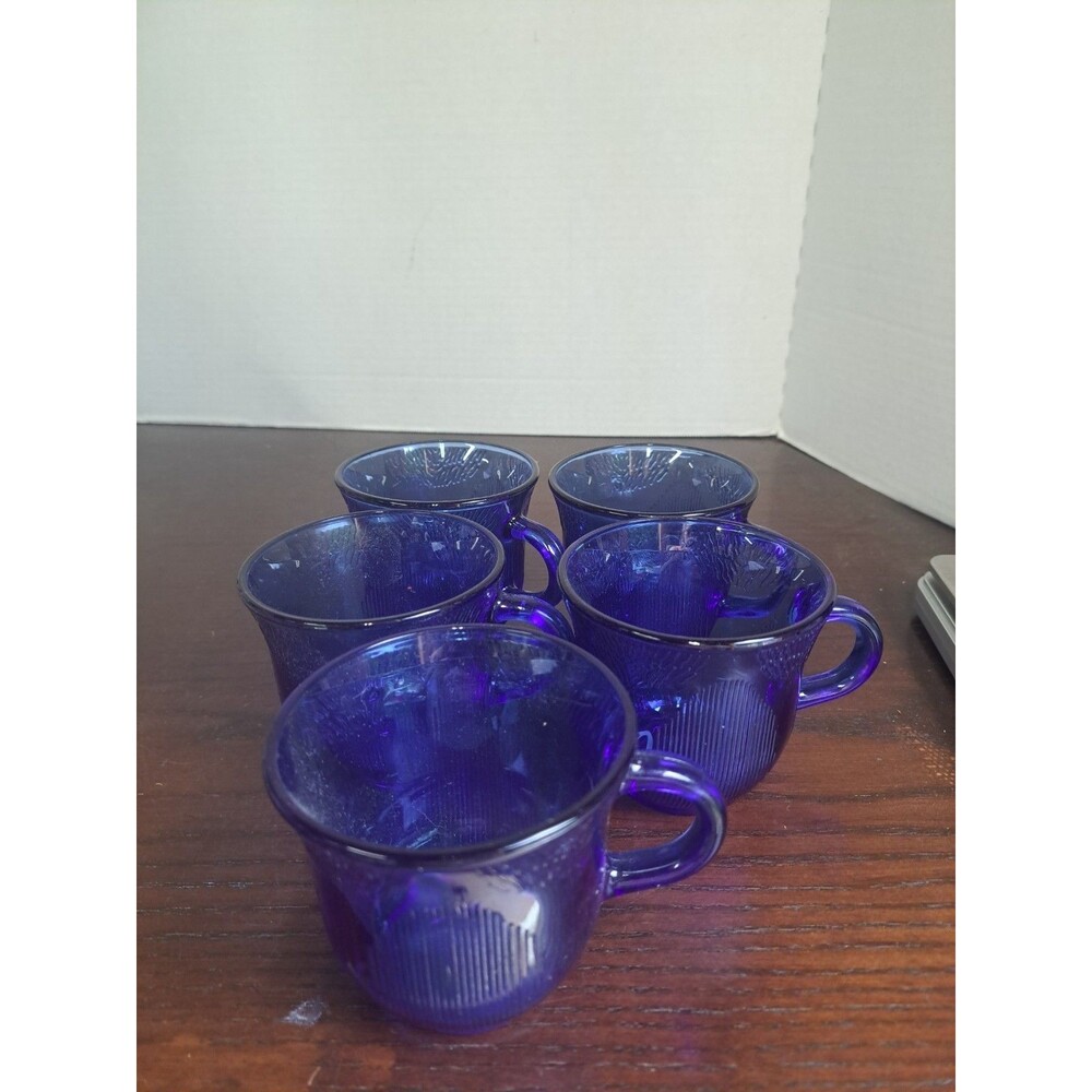 Set Of 5 Forte Crisa Blue Cobalt Sunflower Textured Glass Coffee/Tea Cups